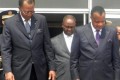 De gauche à droite : les présidents tchadien Idriss Déby, centrafricain François Bozizé et congolais Denis Sassou Nguesso, le 25 juillet 2012 à Brazzaville.. 
AFP PHOTO / STR