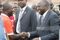 Ivorian President Laurent Gbagbo (R) greets Charles Ble Goude (L), President of the Young Patriots Alliance 30 July 2007 in Bouake, northern Ivory Coast, during a disarmament and reconciliation ceremony dubbed 'The Flame of Peace' also attended by various African leaders. Gbagbo paid a landmark visit 30 July to the former rebel-held north -- his first since a 2002 uprising against his rule divided the country. Bouake was the headquarters of the former rebel New Forces that controlled the northern half of this west African country for nearly five years.    AFP PHOTO / ISSOUF SANOGO (Photo credit should read ISSOUF SANOGO/AFP via Getty Images)