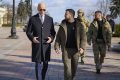 US President Joe Biden, left, and Ukrainian President Volodymyr Zelenskyy walk during an unannounced visit in Kyiv, Ukraine, Monday, Feb. 20, 2023. (Ukrainian Presidential Press Office via AP)