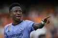 (230522) -- VALENCIA, May 22, 2023 (Xinhua) -- Real Madrid's Vinicius Jr. reacts during the Spanish La Liga football match between Valencia CF and Real Madrid in Valencia, Spain, May 21, 2023. (Str/Xinhua) (MaxPPP TagID: xnaphotostwo638703.jpg) [Photo via MaxPPP]